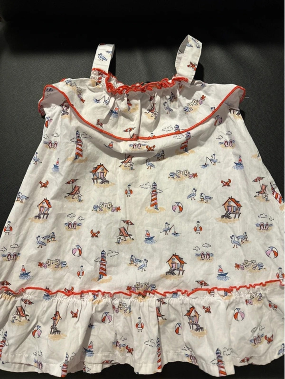 Picapino Girls 4 White Cotton Beach Print Dress with Orange Trim